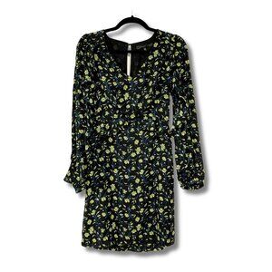 FOREST LILY Black chartreuse blue floral ruffled dress whimsy goth XS sz 0